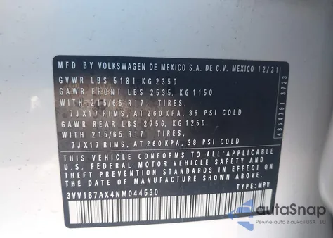 2022 Volkswagen Tiguan 2.0T S из США, поврежденный, VIN 3VV1B7AX4NM044530